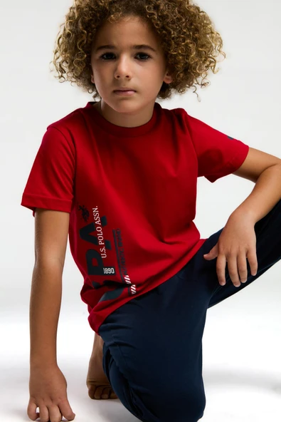 U.S. Polo Assn. Erkek Çocuk Yazılı Kırmızı Lacivert Kısa Kol Paça Lastikli Pijama Takım - 2