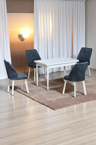 Kaktüs Avm ARVEN Beyaz Sunta 70x110 Sabit Mutfak Masası Takımı Beyaz Metal Ayak 4 Füme Kot Desen Sandalye ürün görseli