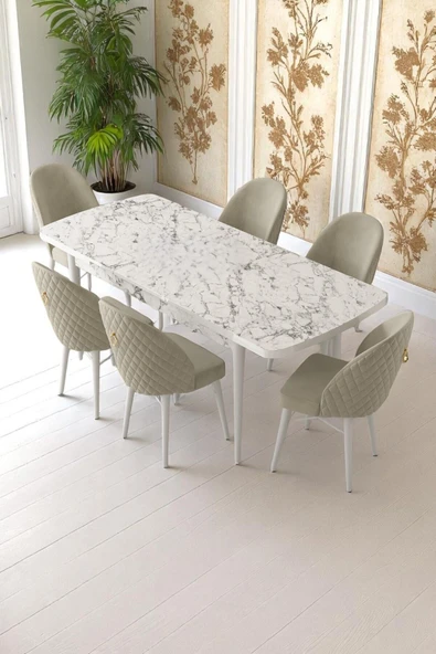 Kaktüs Avm Mia Serisi Açılabilir Mutfak Masası Takımı Beyaz Mermer Desen Masa 6 Sandalye, Yemek Masası - Resim 2