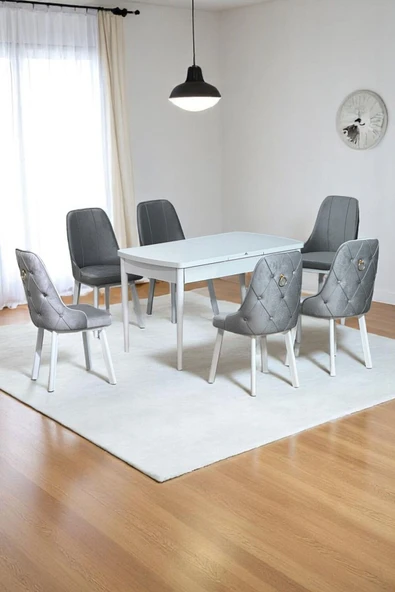 Kaktüs Avm Sonata Beyaz 80 x 132 Açılabilen MDF Masa Metal Ayaklı Mutfak Masası Takımı 6 Gri Sandalye - 1