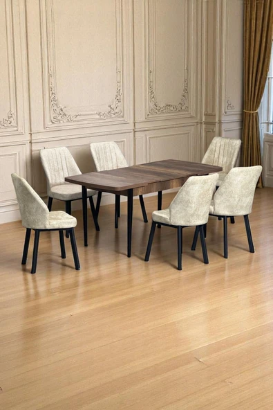 Kaktüs Avm Luna Ceviz 80 x 132 Açılabilen MDF Masa Siyah Metal Ayaklı Mutfak Masası 6 Krem Sandalye ürün görseli