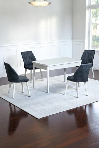 Kaktüs Avm Florn Beyaz 80 x 132 Açılabilen MDF Masa Metal Ayaklı Mutfak Masası Takımı 4 Füme Desen Sandalye ürün görseli