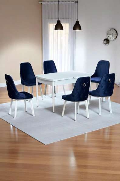 Kaktüs Avm Sonata Beyaz 80 x 132 Açılabilen Sunta Masa Metal Ayaklı Mutfak Masası Takımı 6 Lacivert Sandalye ürün görseli