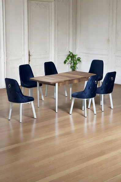 Kaktüs Avm Minel Açılabilen Metal Ayak MDF Mutfak Masası Takımı 6 Lacivert Sandalye 80 x 132 ürün görseli