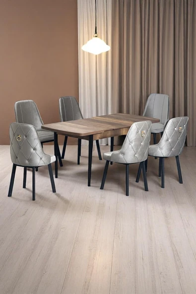 Kaktüs Avm Sonata Ceviz 80 x 132 Açılabilen Sunta Masa Siyah Metal Ayaklı Mutfak Masası 6 Cappucino Sandalye - 1