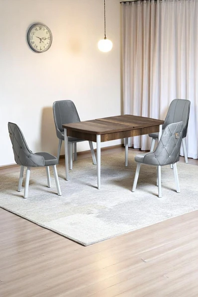 Kaktüs Avm Monera Ceviz 80 x 132 Açılabilen Sunta Masa Metal Ayaklı Mutfak Masası Takımı 4 Gri Sandalye ürün görseli