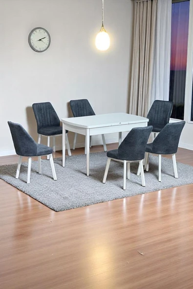 Kaktüs Avm Sera Beyaz 80 x 132 Açılabilen MDF Masa Beyaz Metal Ayaklı Mutfak Masası 6 Füme Kot Desen Sandalye ürün görseli