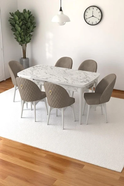 Kaktüs Avm Mia Serisi Açılabilir Mutfak Masası Takımı Beyaz Mermer Desen Masa 6 Sandalye, Yemek Masası ürün görseli