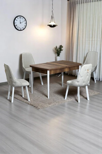 Kaktüs Avm Monera Ceviz 80 x 132 Açılabilen MDF Masa Metal Ayaklı Mutfak Masası Takımı 4 Krem Sandalye - 1