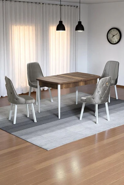 Kaktüs Avm Monera Ceviz 80 x 132 Açılabilen Sunta Masa Metal Ayaklı Mutfak Masası Takımı 4 Cappucino Sandalye - 1