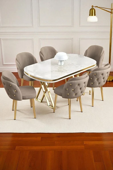 Kaktüs Avm 6'lı Mutfak Sandalyesi Salon Sandalyesi Gold Düğme Gold Konik Ayak Çift Papel Sandalye Baby Face ürün görseli