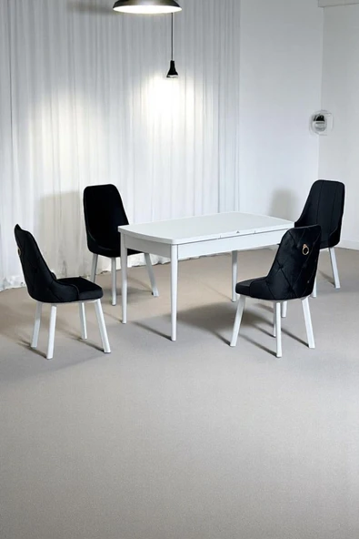 Kaktüs Avm Monera Beyaz 80 x 132 Açılabilen MDF Masa Metal Ayaklı Mutfak Masası Takımı 4 Siyah Sandalye ürün görseli