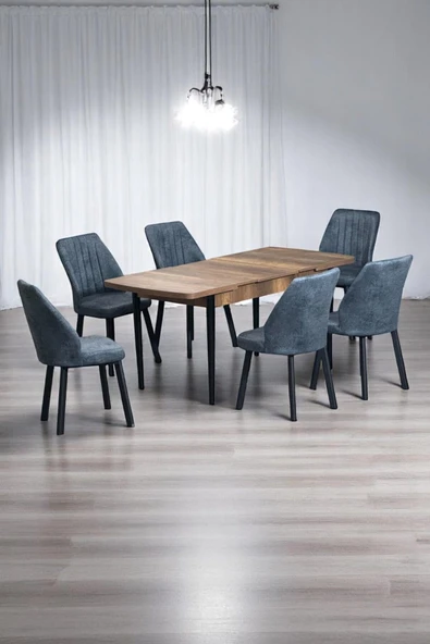 Kaktüs Avm Luna Ceviz 80 x 132 Açılabilen MDF Masa Siyah Metal Ayaklı Mutfak Masası 6 Kot Desen Füme Sandalye ürün görseli