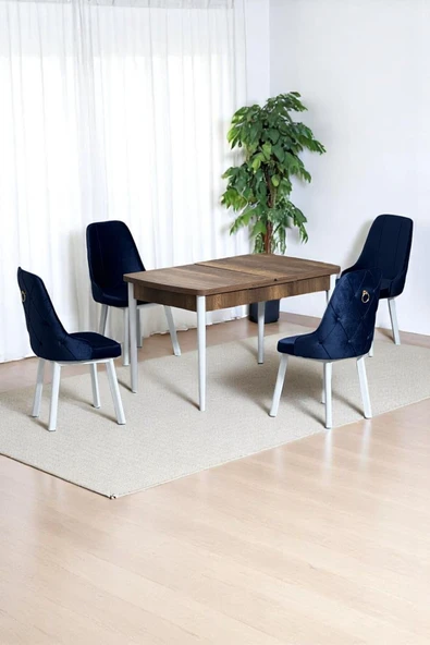 Kaktüs Avm Monera Ceviz 80 x 132 Açılabilen MDF Masa Metal Ayaklı Mutfak Masası Takımı 4 Lacivert Sandalye ürün görseli