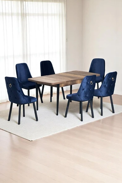 Kaktüs Avm Sonata Ceviz 80 x 132 Açılabilen MDF Masa Siyah Metal Ayaklı Mutfak Masası 6 Lacivert Sandalyeli ürün görseli