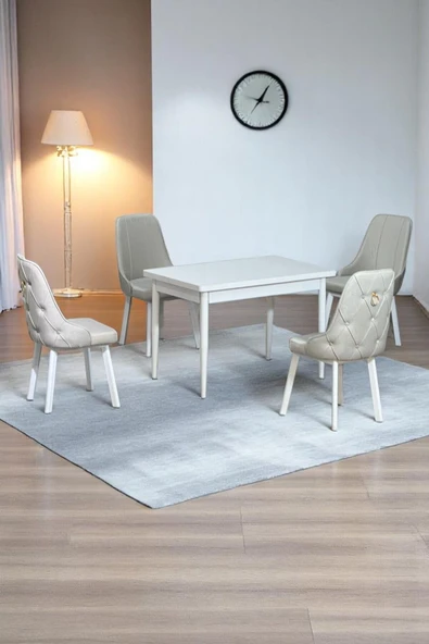 Kaktüs Avm Monera Beyaz 80 x 132 Açılabilen MDF Masa Metal Ayaklı Mutfak Masası Takımı 4 Krem Sandalye ürün görseli