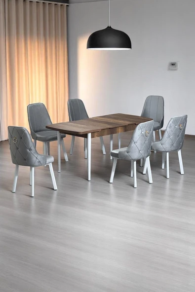 Kaktüs Avm Minel Açılabilen Metal Ayak MDF Mutfak Masası Takımı 6 Gri Sandalye 80 x 132 ürün görseli