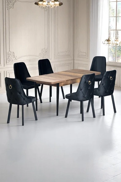 Kaktüs Avm Sonata Ceviz 80 x 132 Açılabilen MDF Masa Siyah Metal Ayaklı Mutfak Masası Takımı 6 Antrasit Gri ürün görseli