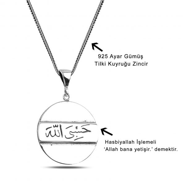 HasbiAllah Yazılı Madalyon 60 cm 925 Gümüş Kolye - 3