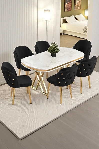 Kaktüs Avm 6'lı Mutfak Sandalyesi Salon Sandalyesi Gold Düğme Gold Konik Ayak Çift Papel Sandalye Baby Face ürün görseli