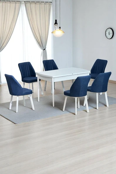 Kaktüs Avm Sera Beyaz 80 x 132 Açılabilen Sunta Masa Beyaz Metal Ayaklı Mutfak Masası 6 Lacivert Sandalye ürün görseli