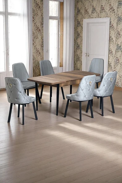 Kaktüs Avm Sonata Ceviz 80 x 132 Açılabilen Sunta Masa Siyah Metal Ayaklı Mutfak Masası Takımı 6 Gri Sandalye ürün görseli