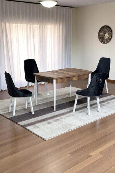 Kaktüs Avm Monera Ceviz 80 x 132 Açılabilen Sunta Masa Metal Ayaklı Mutfak Masası Takımı 4 Siyah Sandalye ürün görseli