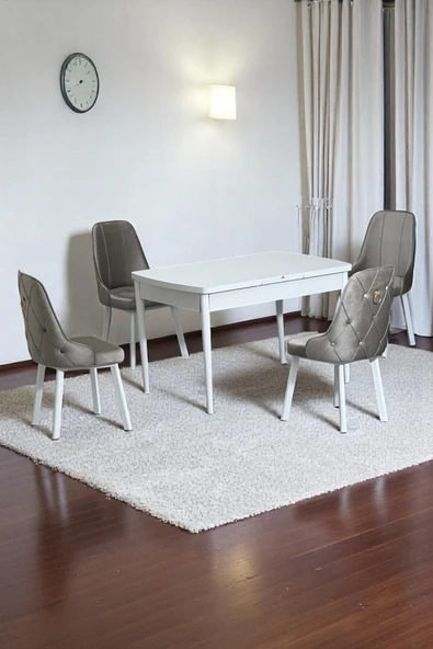 Kaktüs Avm Monera Beyaz 80 x 132 Açılabilen MDF Masa Metal Ayaklı Mutfak Masası Takımı 4 Cappucino Sandalye ürün görseli