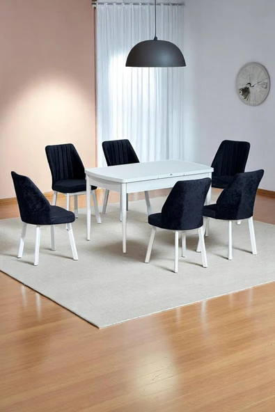 Kaktüs Avm Sera Beyaz 80 x 132 Açılabilen MDF Masa Beyaz Metal Ayaklı Mutfak Masası 6 Siyah Sandalye ürün görseli