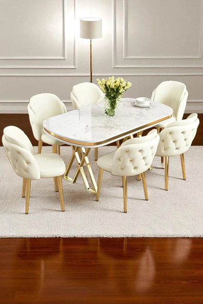 Kaktüs Avm 6'lı Mutfak Sandalyesi Salon Sandalyesi Gold Düğme Gold Konik Ayak Çift Papel Sandalye Baby Face ürün görseli