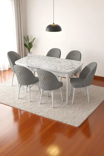 Kaktüs Avm Mia Serisi Açılabilir Mutfak Masası Takımı Beyaz Mermer Desen Masa 6 Sandalye, Yemek Masası ürün görseli