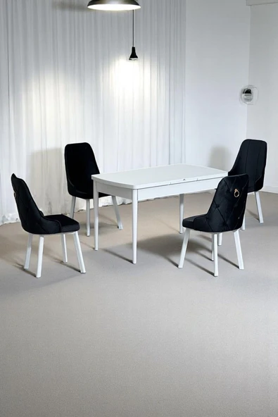 Kaktüs Avm Monera Beyaz 80 x 132 Açılabilen Sunta Masa Metal Ayaklı Mutfak Masası Takımı 4 Siyah Sandalye ürün görseli