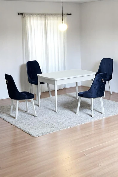 Kaktüs Avm Monera Beyaz 80 x 132 Açılabilen MDF Masa Metal Ayaklı Mutfak Masası Takımı 4 Lacivert Sandalye ürün görseli