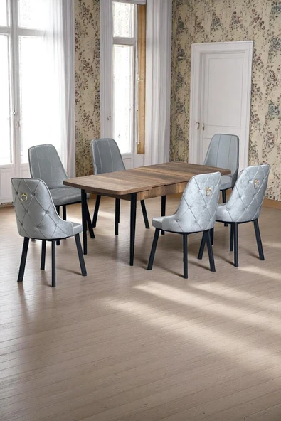 Kaktüs Avm Sonata Ceviz 80 x 132 Açılabilen MDF Masa Siyah Metal Ayaklı Mutfak Masası Takımı 6 Gri Sandalye ürün görseli