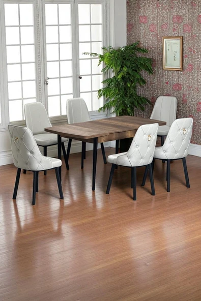 Kaktüs Avm Sonata Ceviz 80 x 132 Açılabilen MDF Masa Siyah Metal Ayaklı Mutfak Masası 6 Krem Sandalye ürün görseli