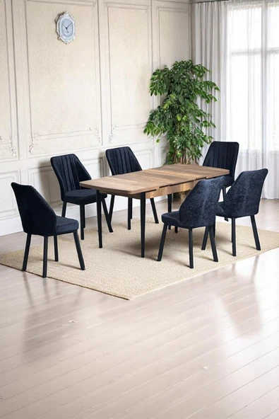 Kaktüs Avm Luna Ceviz 80 x 132 Açılabilen MDF Masa Siyah Metal Ayaklı Mutfak Masası 6 Siyah Sandalye ürün görseli