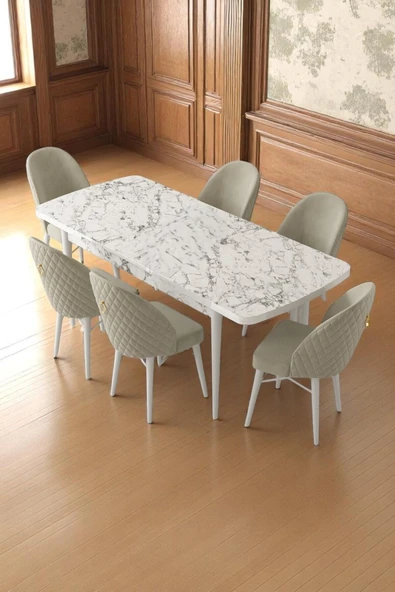 Kaktüs Avm Mia Serisi Açılabilir Mutfak Masası Takımı Beyaz Mermer Desen Masa 6 Sandalye, Yemek Masası ürün görseli