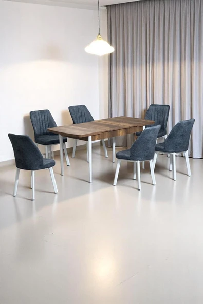 Kaktüs Avm Sera Ceviz 80 x 132 Açılabilen MDF Masa Beyaz Metal Ayaklı Mutfak Masası 6 Kot Füme Sandalye ürün görseli