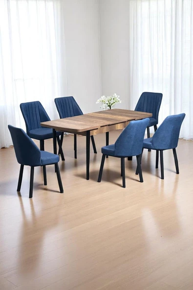 Kaktüs Avm Luna Ceviz 80 x 132 Açılabilen MDF Masa Siyah Metal Ayaklı Mutfak Masası 6 Lacivert Sandalye - 1