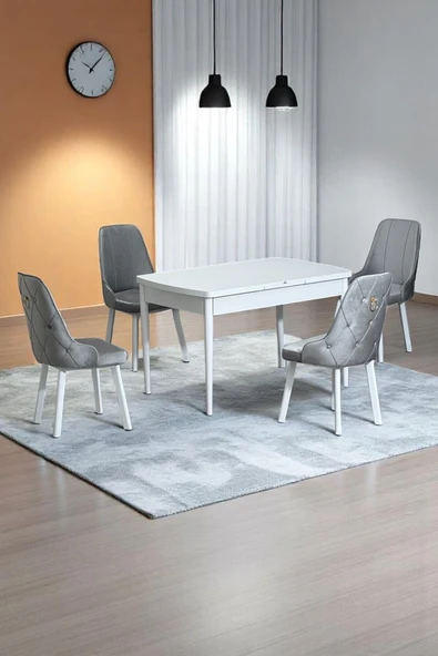 Kaktüs Avm Monera Beyaz 80 x 132 Açılabilen MDF Masa Metal Ayaklı Mutfak Masası Takımı 4 Gri Sandalye ürün görseli