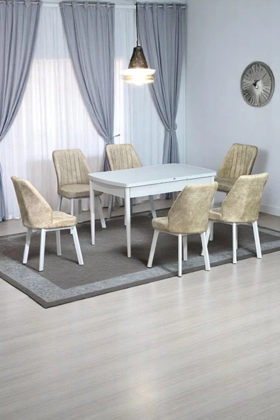 Kaktüs Avm Sera Beyaz 80 x 132 Açılabilen MDF Masa Beyaz Metal Ayaklı Mutfak Masası 6 Krem Desen Sandalye - 1
