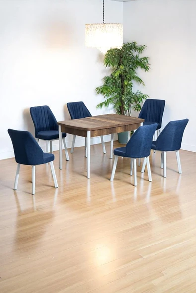 Kaktüs Avm Sera Ceviz 80 x 132 Açılabilen Sunta Masa Beyaz Metal Ayaklı Mutfak Masası 6 Lacivert Sandalye ürün görseli