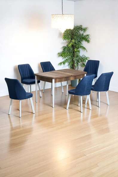 Kaktüs Avm Sera Ceviz 80 x 132 Açılabilen MDF Masa Beyaz Metal Ayaklı Mutfak Masası 6 Lacivert Sandalye ürün görseli