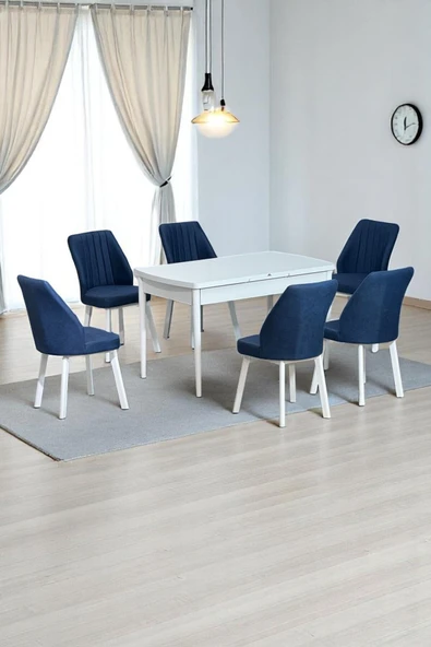 Kaktüs Avm Sera Beyaz 80 x 132 Açılabilen MDF Masa Beyaz Metal Ayaklı Mutfak Masası 6 Lacivert Sandalye - 1