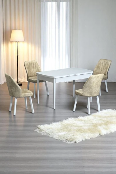 Kaktüs Avm Florn Beyaz 80 x 132 Açılabilen MDF Masa Metal Ayaklı Mutfak Masası Takımı 4 Krem Sandalye ürün görseli