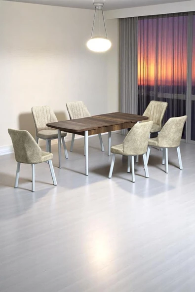 Kaktüs Avm Sera Ceviz 80 x 132 Açılabilen MDF Masa Beyaz Metal Ayaklı Mutfak Masası 6 Krem Sandalye ürün görseli