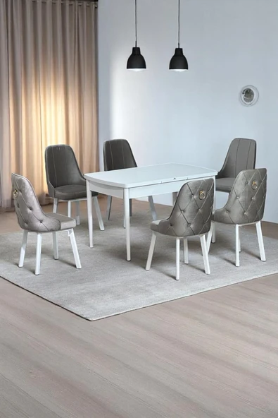 Kaktüs Avm Sonata Beyaz 80 x 132 Açılabilen MDF Masa Metal Ayaklı Mutfak Masası Takımı 6 Cappucino Sandalye - 1