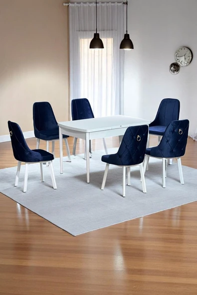 Kaktüs Avm Sonata Beyaz 80 x 132 Açılabilen MDF Masa Metal Ayaklı Mutfak Masası Takımı 6 Lacivert Sandalye - 1