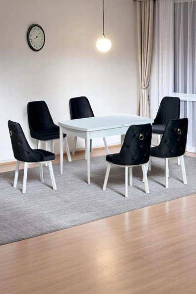 Kaktüs Avm Sonata Beyaz 80 x 132 Açılabilen MDF Masa Metal Ayaklı Mutfak Masası Takımı Siyah Sandalye ürün görseli