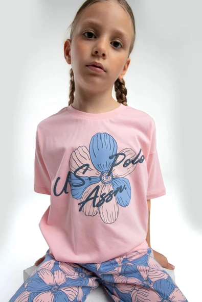 U.S. Polo Assn. Kız Çocuk Somon Kısa Kol Paça Lastikli Pijama Takım - Resim 3